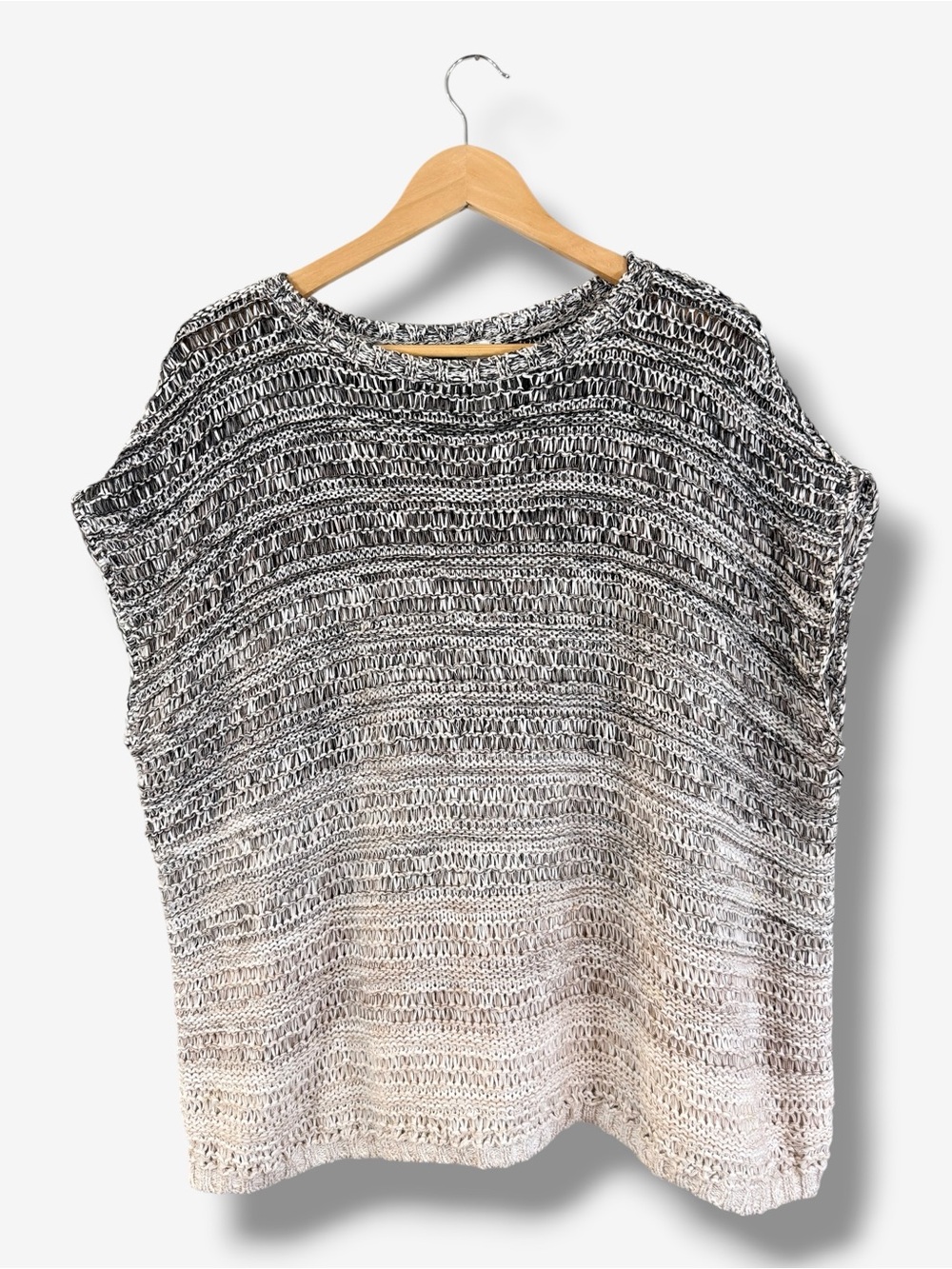 Marla Wynne Crochet Ombre Sweater Poncho 1X Black Gray Tan Sleeveless Lagenlook